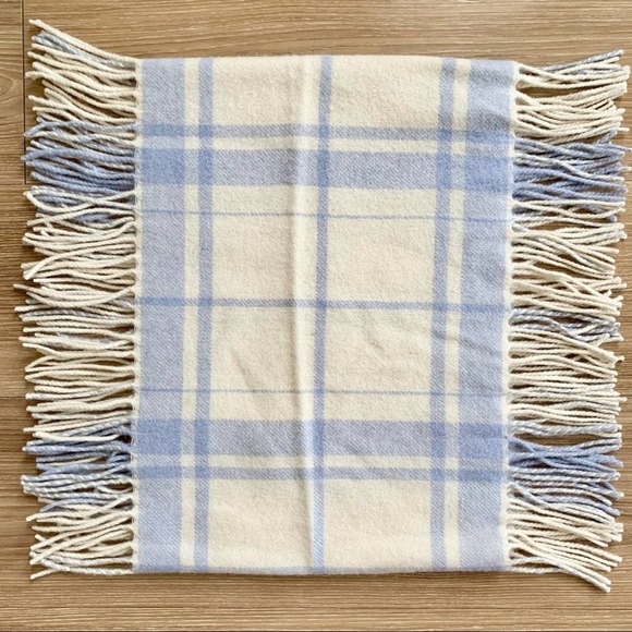 Banana Republic Wool Angora Blend Cream and Blue Plaid Fringed Scarf - Picture 1 of 5
